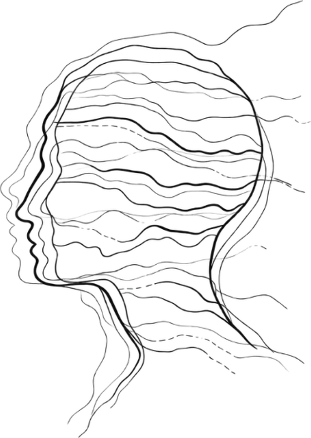 Line drawing of a head in profile, layered with contour lines
